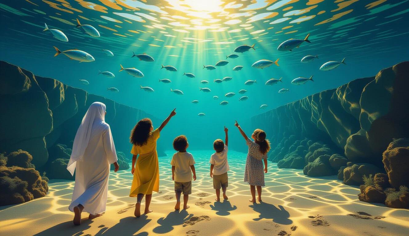 Children point at fish in an underwater scene. Golden light shines through clear water. Walls of rocks surround the area. Soft sand covers the floor with visible footprints. A woman in a white dress stands beside children. Side view captures their expressions. 