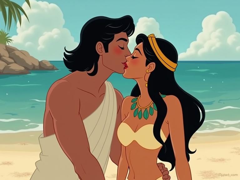 Antony and Cleopatra share a kiss on the beach in a Disney animation style.