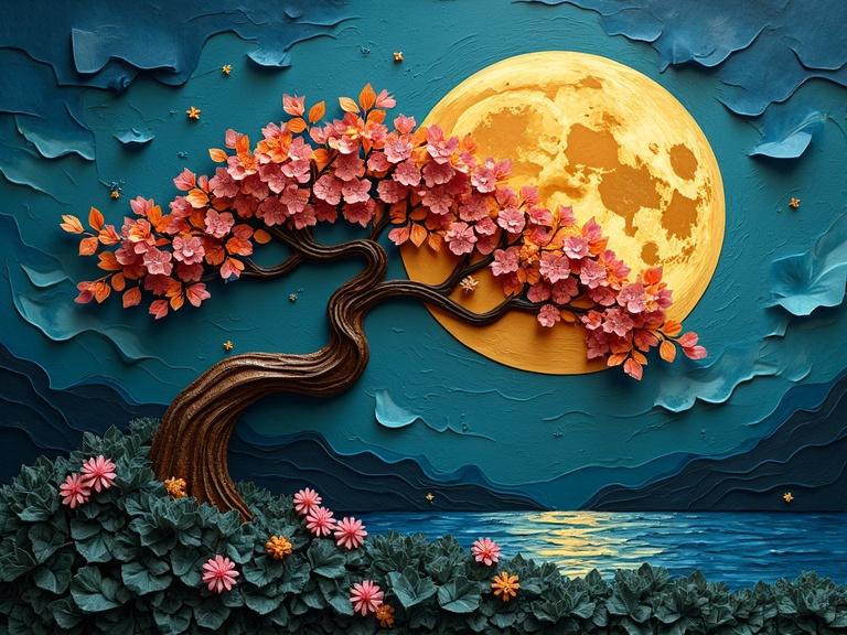 Artwork showcasing origami paper craft. Features a tree made from paper with paper flowers. The scene is illuminated by a bright full moon. Textured with sponge dabbed squares and outlined designs. Colorful metallic elements in blue, orange, gold, and bronze. Surreal, abstract concept art. Nighttime with a reflective water surface.
