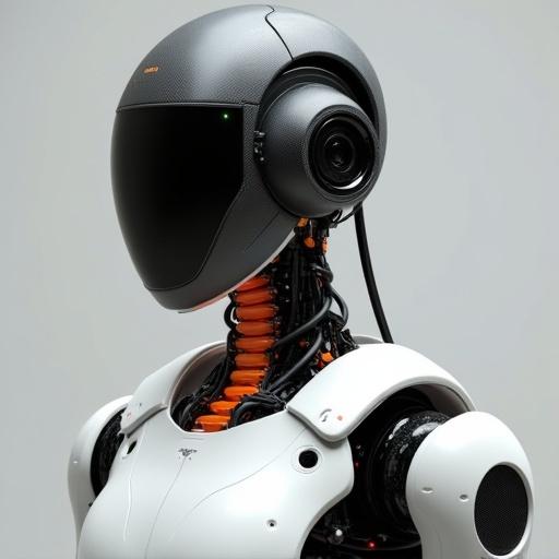 A humanoid robot in a futuristic design. Features a black helmet with a textured surface. The helmet has a lens on the right side connected by a cable. The neck shows an orange spine with visible tech details. The torso has smooth white armor with curves. Includes exposed black wiring and synthetic tubing. The background is a simple grey gradient for focus. The lighting is soft and clean to highlight the robot's features.