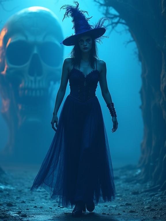Mysterious woman in blue masquerade costume walks toward the camera. Macabre large skull appears in the blue-toned background. Scene is enchanting and eerie, set in a dark environment.