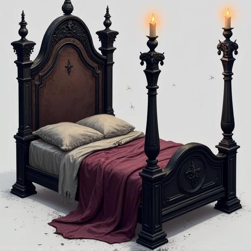 A side view of a gothic four-poster bed. Tall arched headboard features skull and vine motifs. Black ebony posts with spherical finials. Weathered wooden frame. Thin mattress with tattered burgundy bedding. Frayed gray sheet draped over the side. Lit by flickering candlelight creating shadows. Cobwebs on the posts. Style in dark gothic with muted colors and intricate textures.