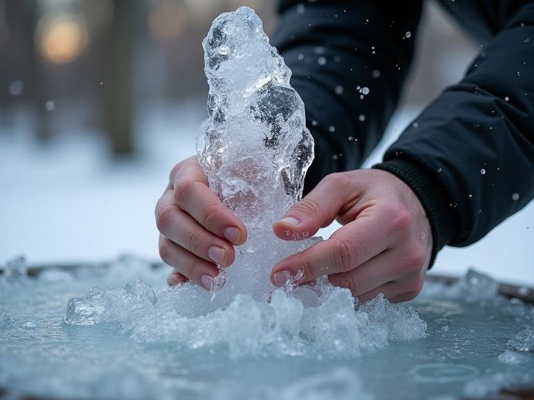 Macro shot of hands gripping ice from frozen fountain. Ice structure appears detailed and textured. Shot captures interaction between hands and ice.