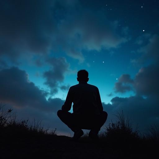 A man is squatting on his knees looking at the night sky. The focus is on his silhouette against a blue backdrop with scattered stars. The scene conveys calmness and introspection.