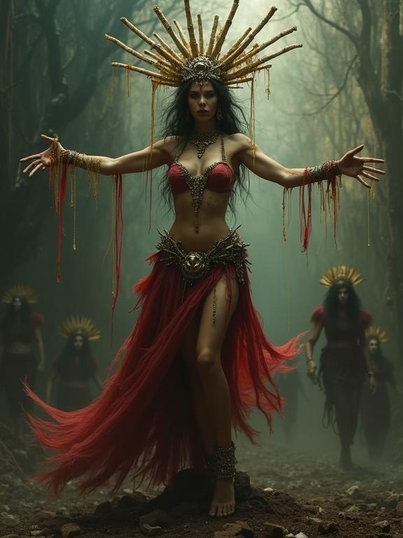 A powerful sorceress in a dark forest. She wears a headdress with a skull centerpiece and bone details. Her outfit is a jeweled bikini top and a red skirt. She casts a spell with yellow-brown energy dripping from her fingers. Her feet hover above debris. Shadowy figures roam in the mist behind her.