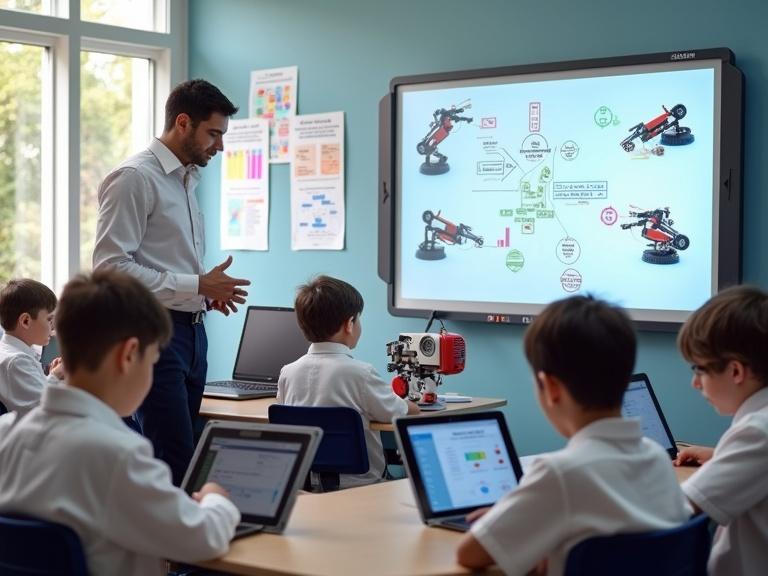Modern primary classroom with young boys aged six. Clean school uniforms. Students programming robots with tablets. Digital smartboard showing AI coding. Equipped with laptops, VR headsets, robot kits. Professional male teacher guiding. Colorful posters on walls.