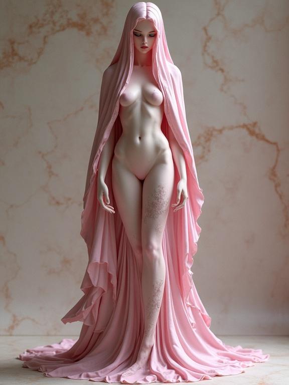 A towering ethereal pink nude woman with green eyes. She is sculpted from veined marble stone and draped in flowing pink fabric.