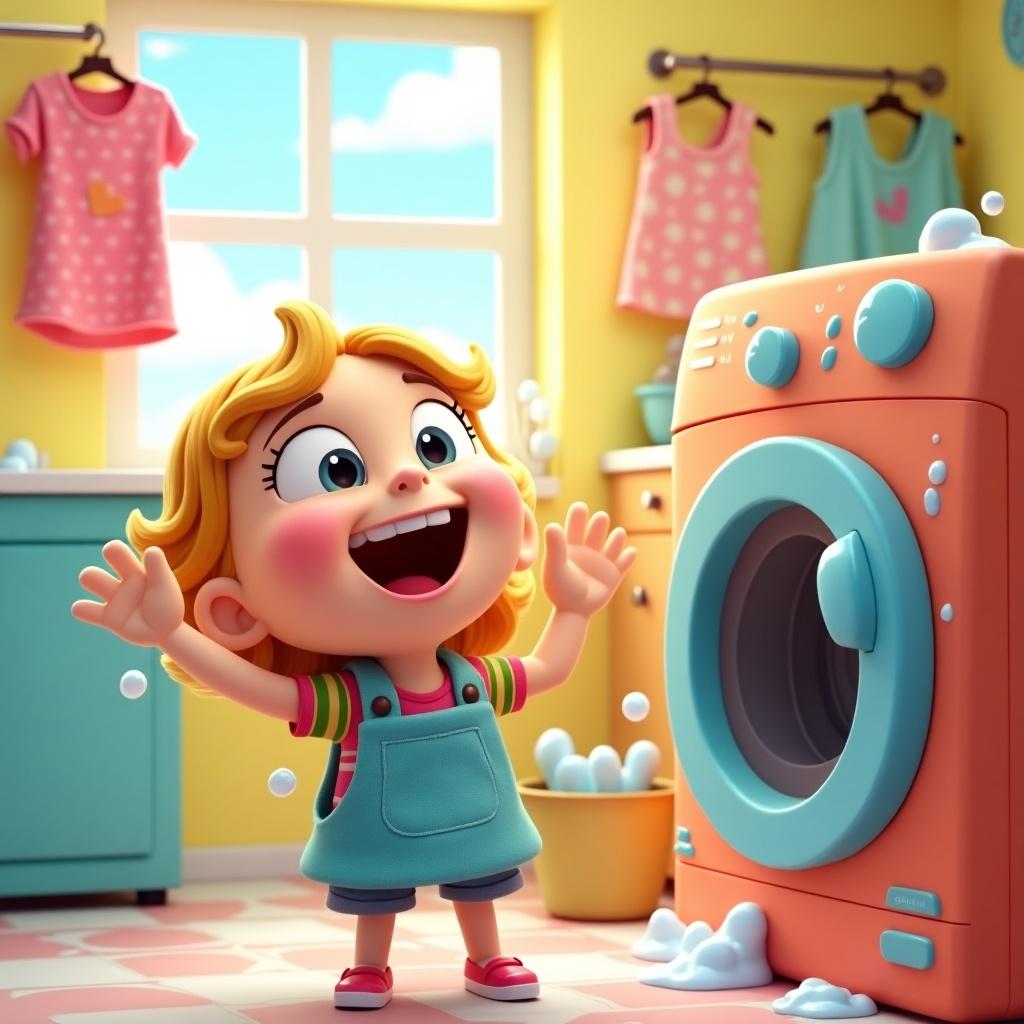 Canta character is joyfully engaging with a washing machine in a brightly decorated laundry room. The room features pastel colors and playful decor. Bubbles are surrounding the child, creating a whimsical atmosphere.