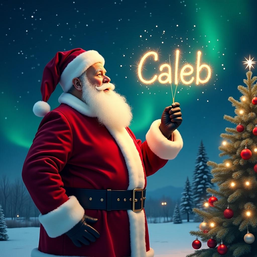 Realistic Santa in classic red and white suit. Writing 'Caleb' in the night sky with a sparkler. Sky filled with stars and Northern lights. Christmas tree in the background.