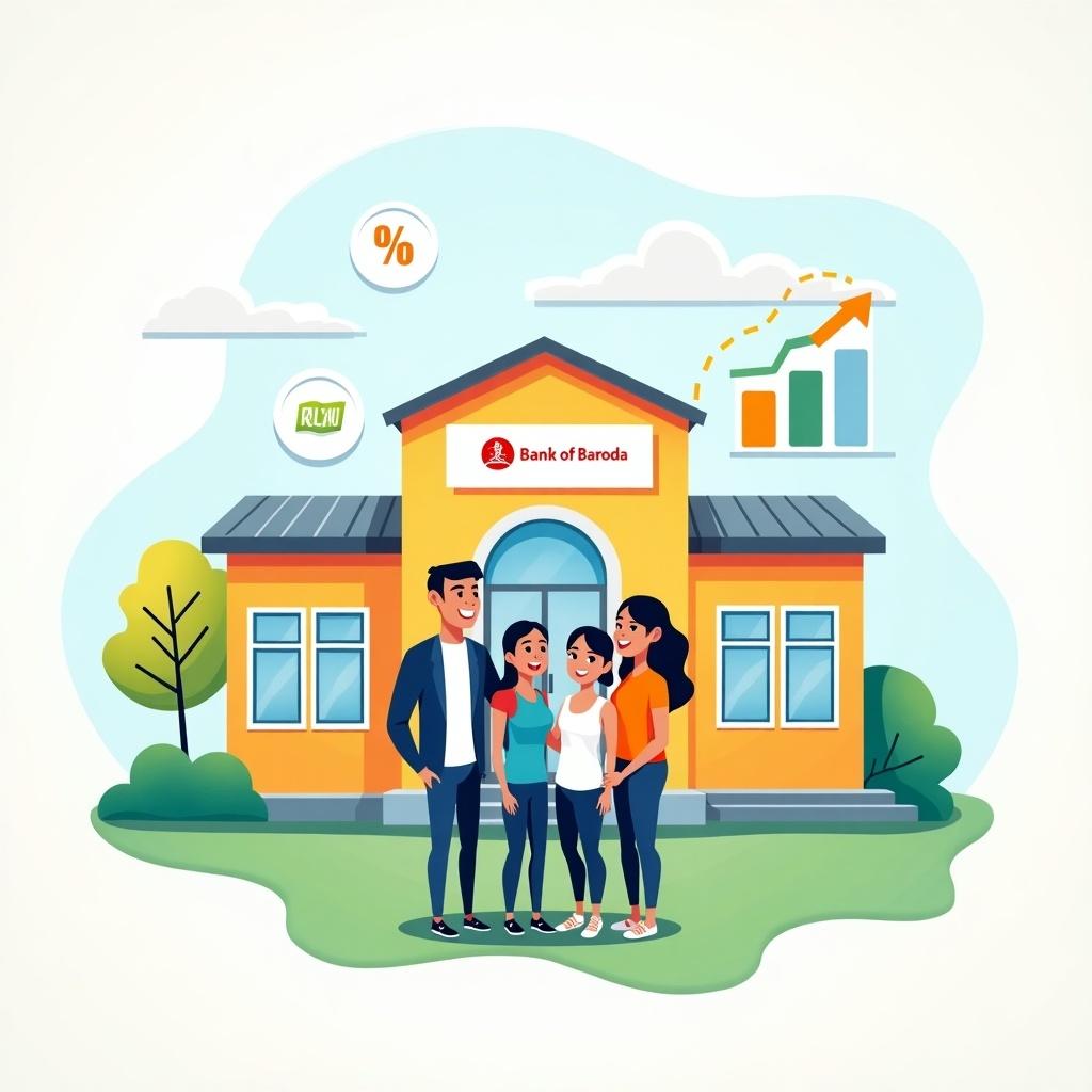 Colorful vector illustration of Bank of Baroda concerning 2024 housing loan interest rates. Features a bank building with logo. A cheerful family stands in front of their new home. Includes percentage signs and upward graphs to symbolize interest rates. Warm colors create an optimistic professional feel. Clean and simple style for infographic.