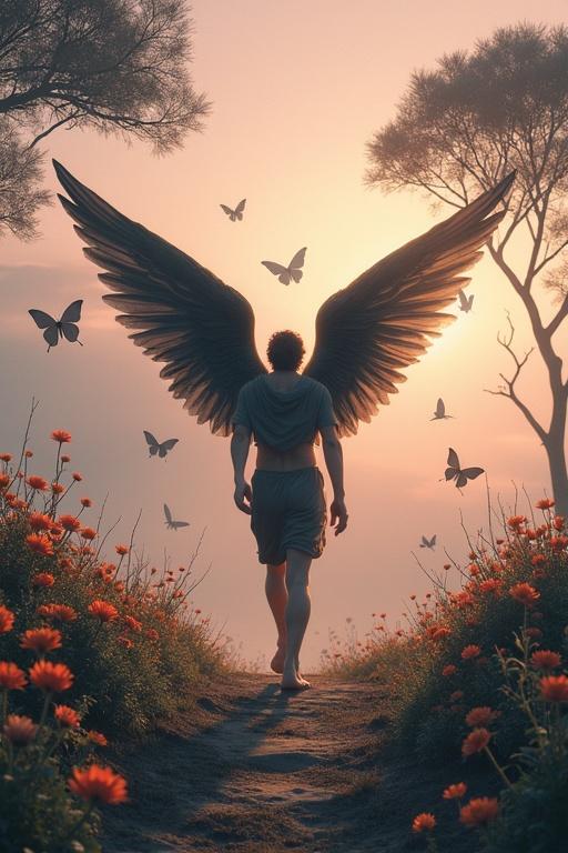 An angel with black wings walks barefoot through a twilight garden filled with flowers. Butterflies flutter around him. The scene depicts themes of rebirth, beauty, and peace. Background shows floating trees with visible roots.