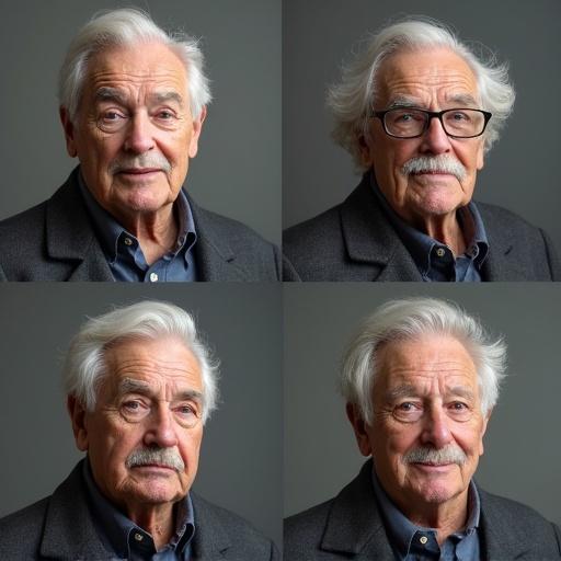 4 angle portrait of a portly elderly man arranged in a 2x2 grid. Focus on the elderly man's expression and characteristics.