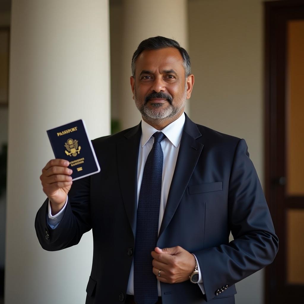 An Indian individual holds an American passport. The subject is dressed in formal attire. The setting features interior architectural elements. The photograph showcases the importance of identity and citizenship.