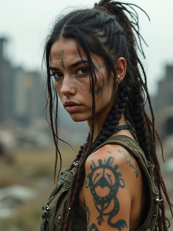 Highly detailed, photorealistic portrait of a young brutal-looking woman in wastelander attire. Long messy dirty dreadlocked hair. Face and body covered in camo body paint and tribal tattoos. Sickly slim physique in huntress pose. Background features post-apocalyptic city in ruins. Captured with soft lighting and subtle film grain. Enhanced with subsurface scattering in 8K UHD.