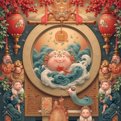 A colorful and whimsical anime-inspired illustration features a round central character surrounded by waves. Decorative elements like lanterns and flowers frame the scene. The artwork evokes warmth and festivity.