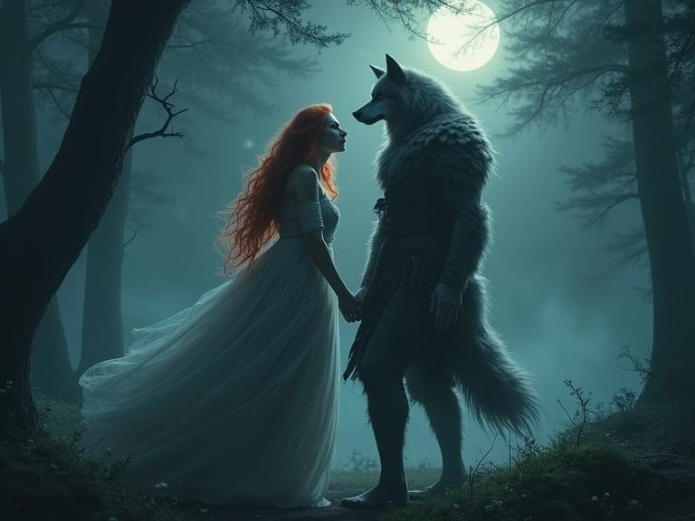 Ancient forest shrouded in mist. Moonlight casts silver glow. Woman with fire red hair and silver skin wearing tattered gown. Beside her, a tall werewolf with gray and crimson eyes. They embody chaos and destiny, love and war.