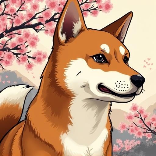 Generate a Shiba Inu with a background of cherry blossoms on the style of Yuko Shimizu.