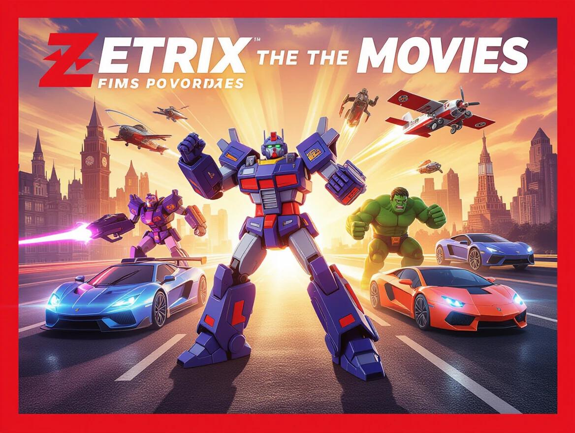 Zetrix characters in action pose. Robots and luxury cars against a vibrant city backdrop. Emphasis on adventure and excitement.