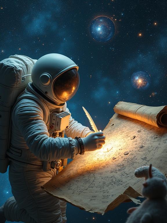 Astronaut in space draws a luminous star map. Mapping constellations made of human memories. Captured scenes are highlighted as bubbles. Uses a quill pen for drawing. Ancient scrolls float nearby. Mythological creatures observe the work. Spacesuit has glowing astronomical symbols.