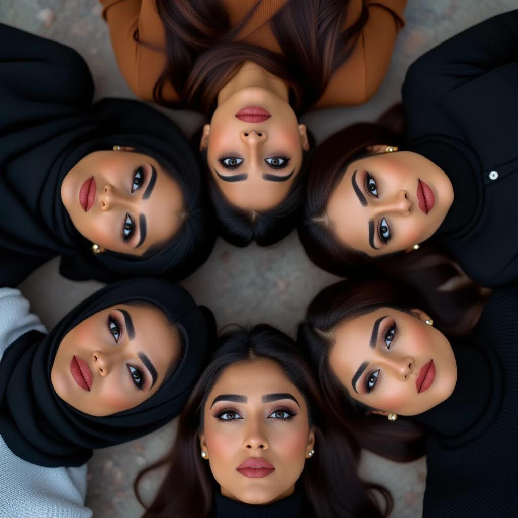 Several female teachers with dark brown eyes and black hair are lying on the ground. They look serious with wide open eyes and furrowed brows. They wear modern Western attire. The scene captures their expressions beautifully.