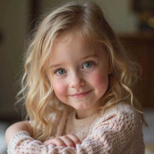 Portrait of a young girl with blonde hair smiling. She wears a soft, cozy sweater. Natural light highlights her blue eyes and friendly expression. The background is softly blurred.