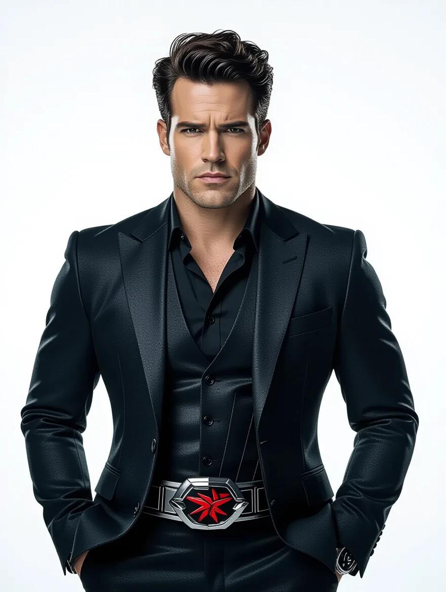 Handsome man resembling Jonathan Bailey in a Kamen Rider style. He stands confidently in a sleek black suit. The pose is heroic. The photograph is cinematic and high-contrast.