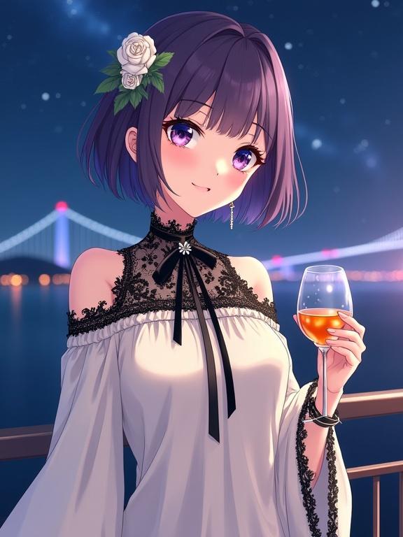 Anime-style woman with short dark violet hair and white rose. She has striking dark violet eyes and a gentle smile. Wearing a light cream off-the-shoulder blouse with black lace details and high collar. Holding a glass with amber beverage on a balcony overlooking the Akashi Kaikyo Bridge at night.