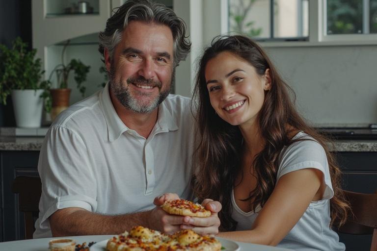 Couple sits together sharing pizza at home. Warm cozy kitchen ambiance. Focus on pizza in hands. Soft light from windows.