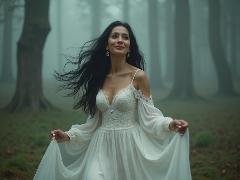 Enchanting woman with long black hair dances joyfully in a misty forest wearing a white gown. The scene captures tranquility and magic.