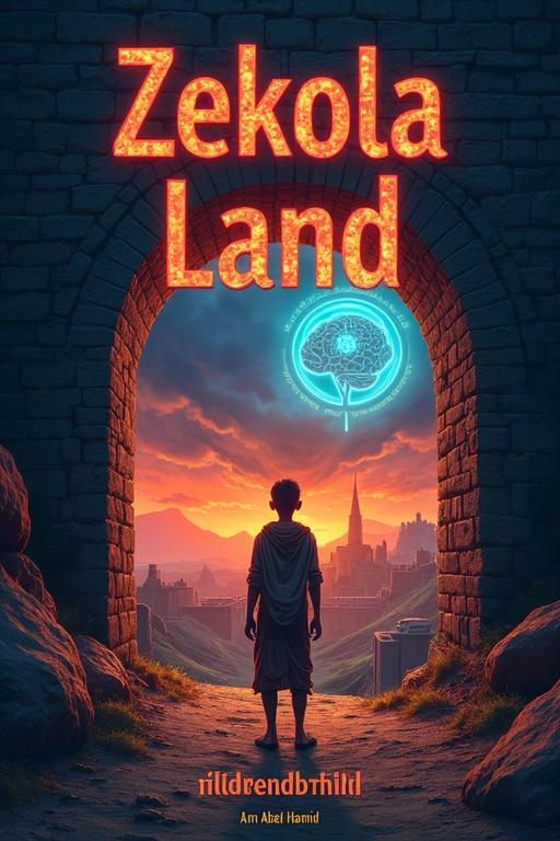 Design a striking poster for Zekola Land by Amr Abdel Hamid. Khaled, a young Egyptian villager in rustic attire, stands at the edge of an ancient tunnel with glowing brain symbols. A light reveals Zekola's city under a crimson sky. Aseel's faint silhouette shows intellect. The title glows in a neural font at the top, author's name below. Earthy tones for Khaled, ominous blues and reds for Zekola. Evoke a mysterious mood, highlighting survival in a harsh world.