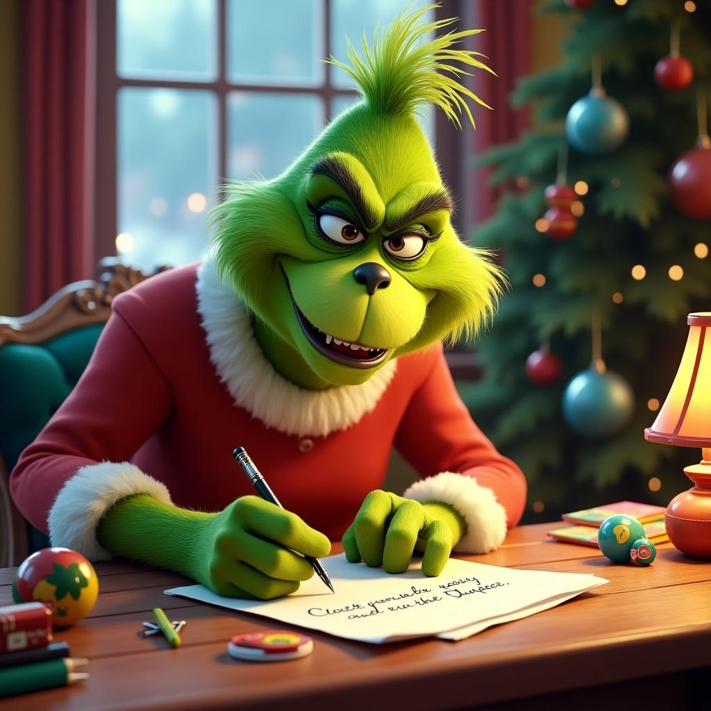 The Grinch writes a letter in a cozy setting. Decorated Christmas tree in the background. Warm lighting enhances the festive atmosphere. Grinch wears a red Santa suit and white collar.