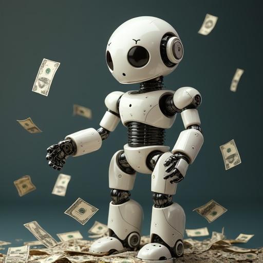 A robot is standing surrounded by flying money. The robot has a sleek design. Dollar bills are falling around it. The background has a simple, muted color.