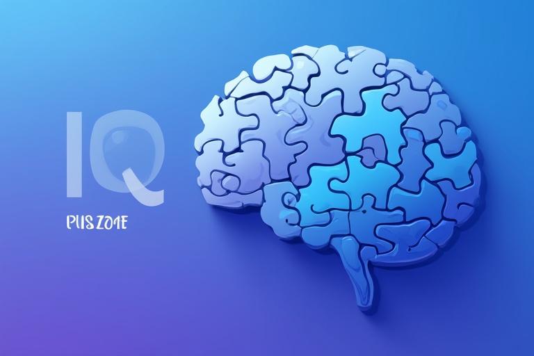 Abstract representation of puzzle pieces forming a brain shape on a gradient blue to purple background. Flat vector style with specific colors. Text overlay includes IQ LOGIC PUZZLES.