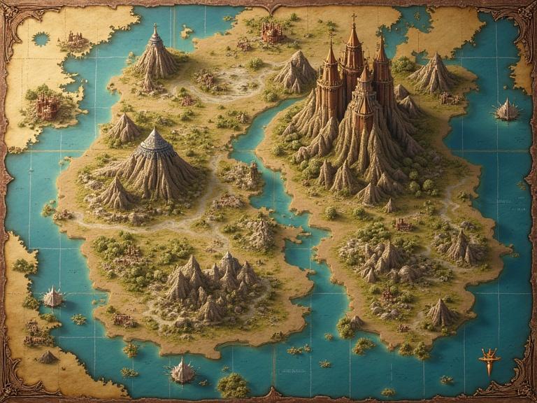 Detailed fantasy world map for a dark medieval fantasy game. Two major empires: Solvarin in the east with sun motifs and lush cities, Petunia in the west with overgrown ruins and a cursed capital. Includes geography like war-torn borders, mountain ranges, ancient ruins, and a sea. Style resembles aged parchment with inked lines and watercolor highlights.