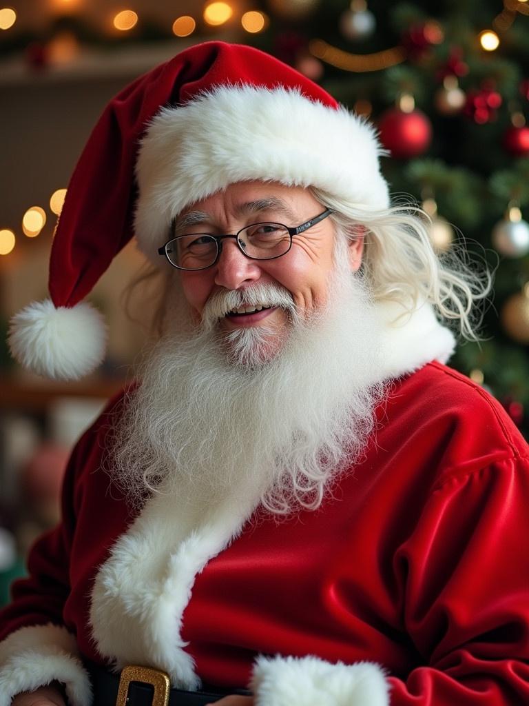 Santa Claus in festive attire. Background decorated with holiday lights. Warm atmosphere. Text saying Merry Christmas from Lize Fabienne and Lou.