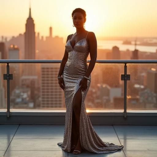 A tall African American woman in a shimmering evening gown poses on a rooftop. She wears leather heels and silver jewelry. The backdrop shows a stunning city skyline at sunset. The photo captures a moment of luxury and confidence. The photography style reflects elegant and vibrant tones.