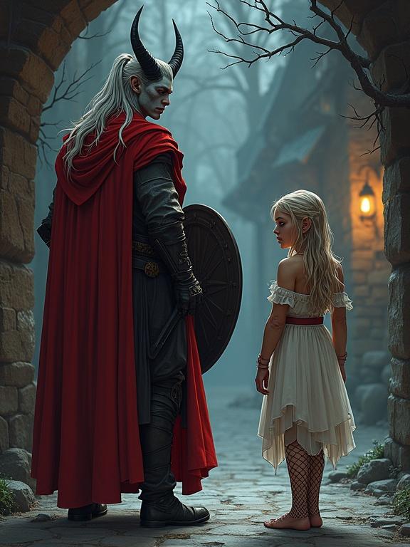 Comic book style digital art. A tall tiefling with gray skin and amber eyes. Long silver hair in a ponytail. Accessories include a long sword and shield. He wears a red cloak and chainmail shirt. A female human stands beside him with ash-blonde hair and green eyes. She wears a fishnet outfit and a transparent dress. Soft shading and cold lighting depict a night-like ambiance.