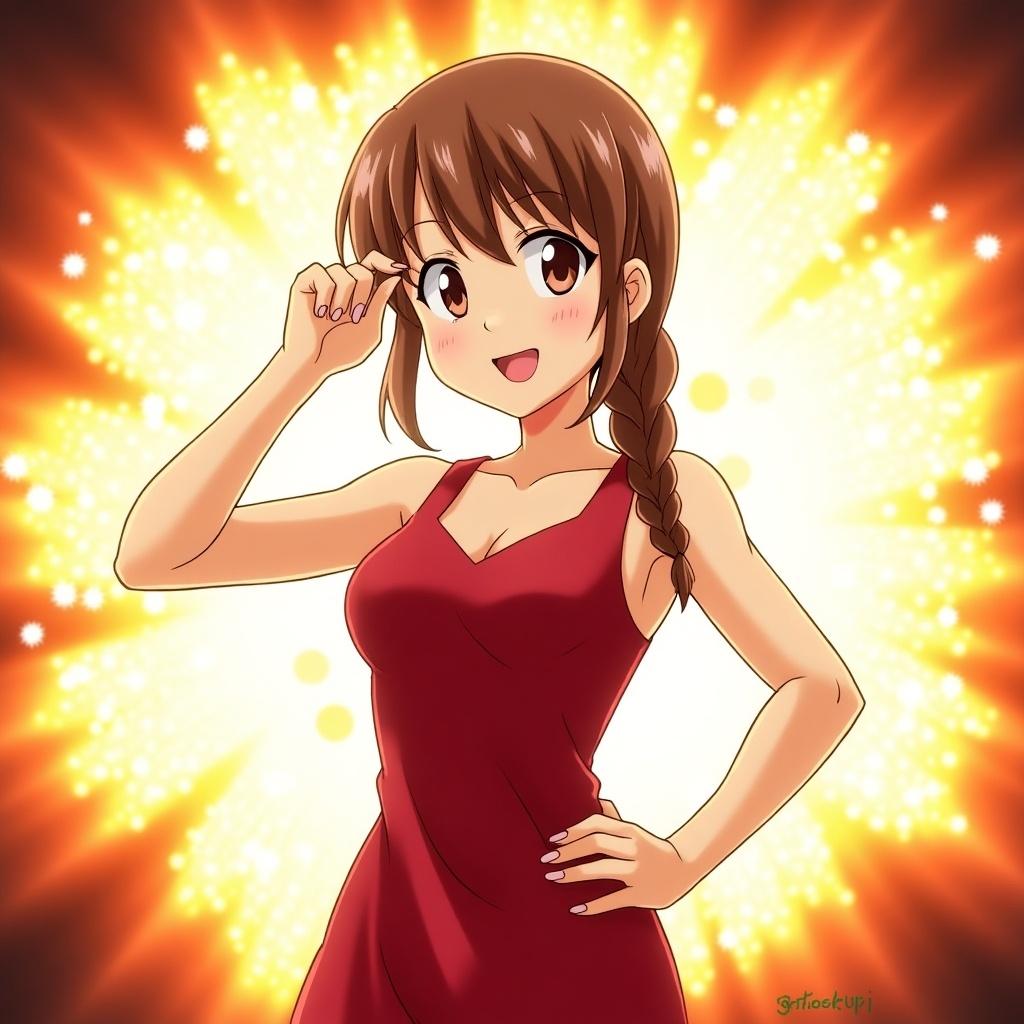 Dynamic anime character striking a romantic pose. Sleek red dress worn. Determined expression displayed. Background features an energetic explosion. Hair styled in a braid. Vibrant and cartoonish art style evoking excitement.