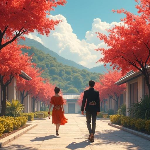 Anime scene set in a futuristic luxurious suburb featuring cherry blossom trees. Two citizens dressed in modern edgy attire walking amidst vibrant nature on a bright summer noon.