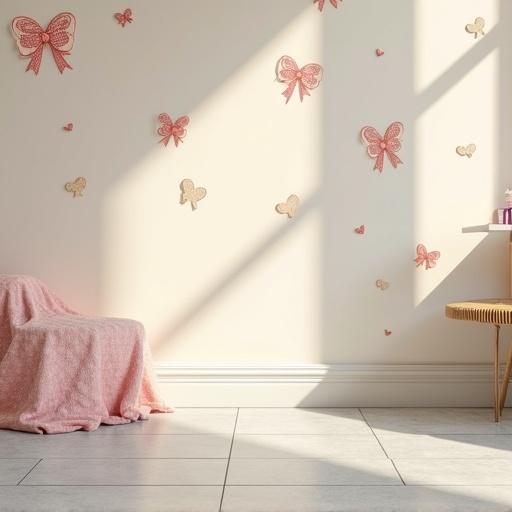 Interior space with smooth light grey tile flooring. Wall painted warm ivory, decorated with vintage bow illustrations and subtle mouse ear outlines in pale red and gold. Corner features soft pink bunting and dotted cloth. Soft indirect ambient light illuminates the scene, creating a balanced atmosphere. Aspect ratio of 16:9.