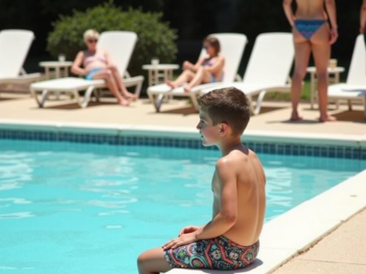 The image shows a sunny poolside scene. A young person, who appears to be a male, is seated near the edge of a swimming pool. He has a bare upper body and is wearing colorful shorts. The pool water is clear and blue, and there are white lounge chairs in the background. Other individuals, presumably friends or family, are enjoying the pool area, engaged in conversation or relaxing.