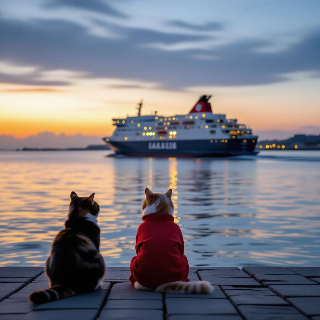 A warm and dreamy atmosphere featuring a cat wearing red sitting on the shore facing a ship in the water. Cat appears thoughtful and serene. Background includes a large cruise ship passing by during twilight with lights reflecting on the water. Full moon in the sky adds a mysterious element. Predominant colors are blue and warm yellow.