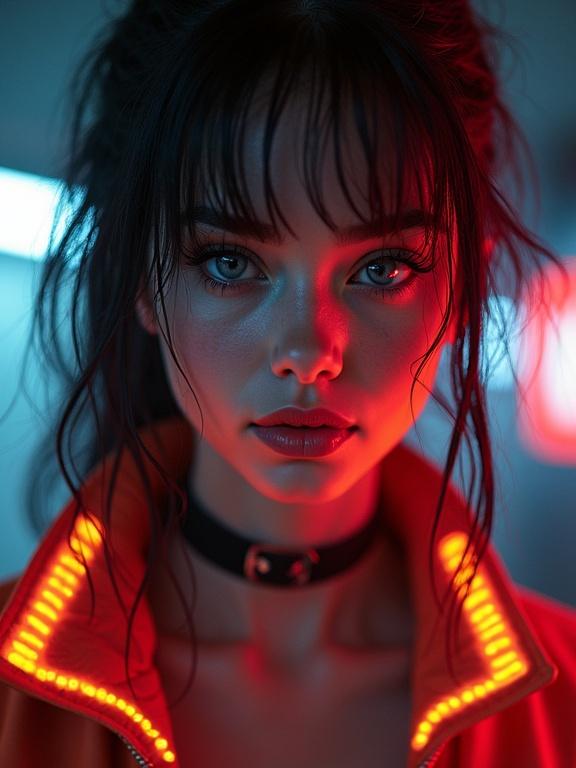 Close-up shot featuring a girl in a cyberpunk aesthetic. She has intense, whiny eyes and wears a bomber jacket with glowing stripes. The focus is on her heavy makeup and realistic skin texture, complemented by stylish hair and a warm smile.