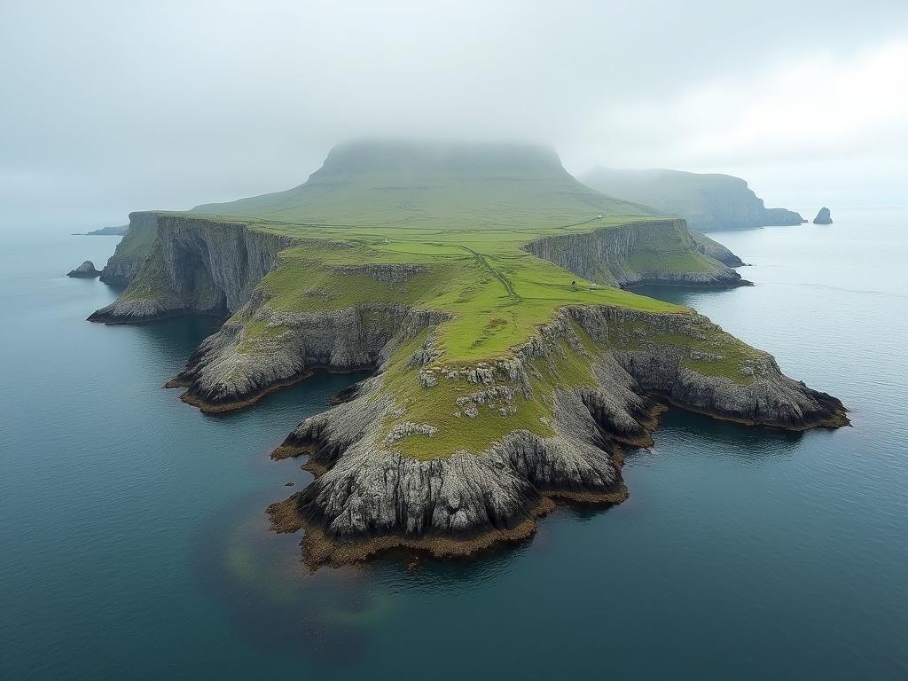 The image depicts a patch of land surrounded by water, resembling an archipelago or a series of rocky islands. The land features a mix of rugged, rocky surfaces and patches of greenery, suggesting vegetation. The body of water is calm, reflecting the landforms and the cloudy sky above, creating a serene and tranquil atmosphere. The overall composition showcases the contrast between the natural textures of earth and water.