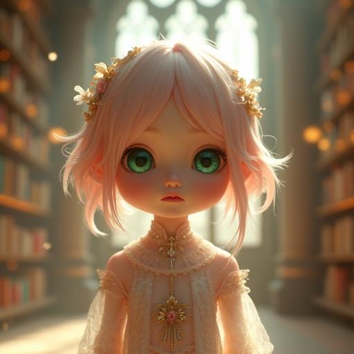 Breathtakingly adorable android girl stands in a warm fantastical library with intricate details. Her portrait features smooth, translucent skin, large sparkling emerald eyes, pale pink hair made of delicate strands, and anatomically correct proportions. She is adorned with delicate embellishments and wears an exquisite semi-translucent robe. The library adds to the magical atmosphere with softly glowing books and warm, diffused lighting.