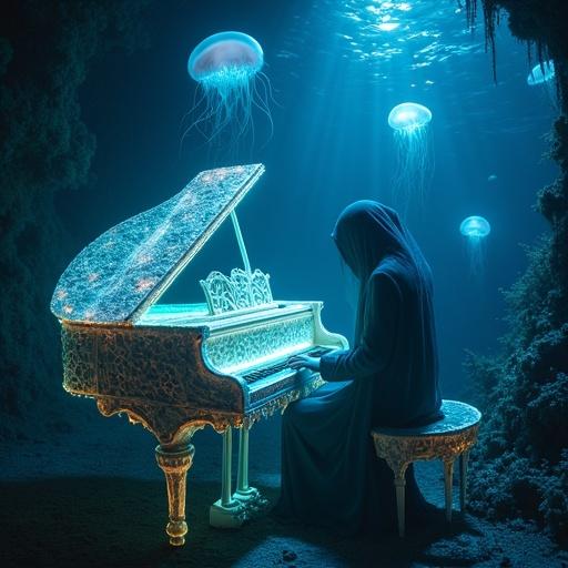 Ghostly pianist plays glowing coral piano under the ocean. Jellyfish drift around. Ancient sea spirits float in the background. Bioluminescent light illuminates the scene. Highly detailed fantasy atmosphere.