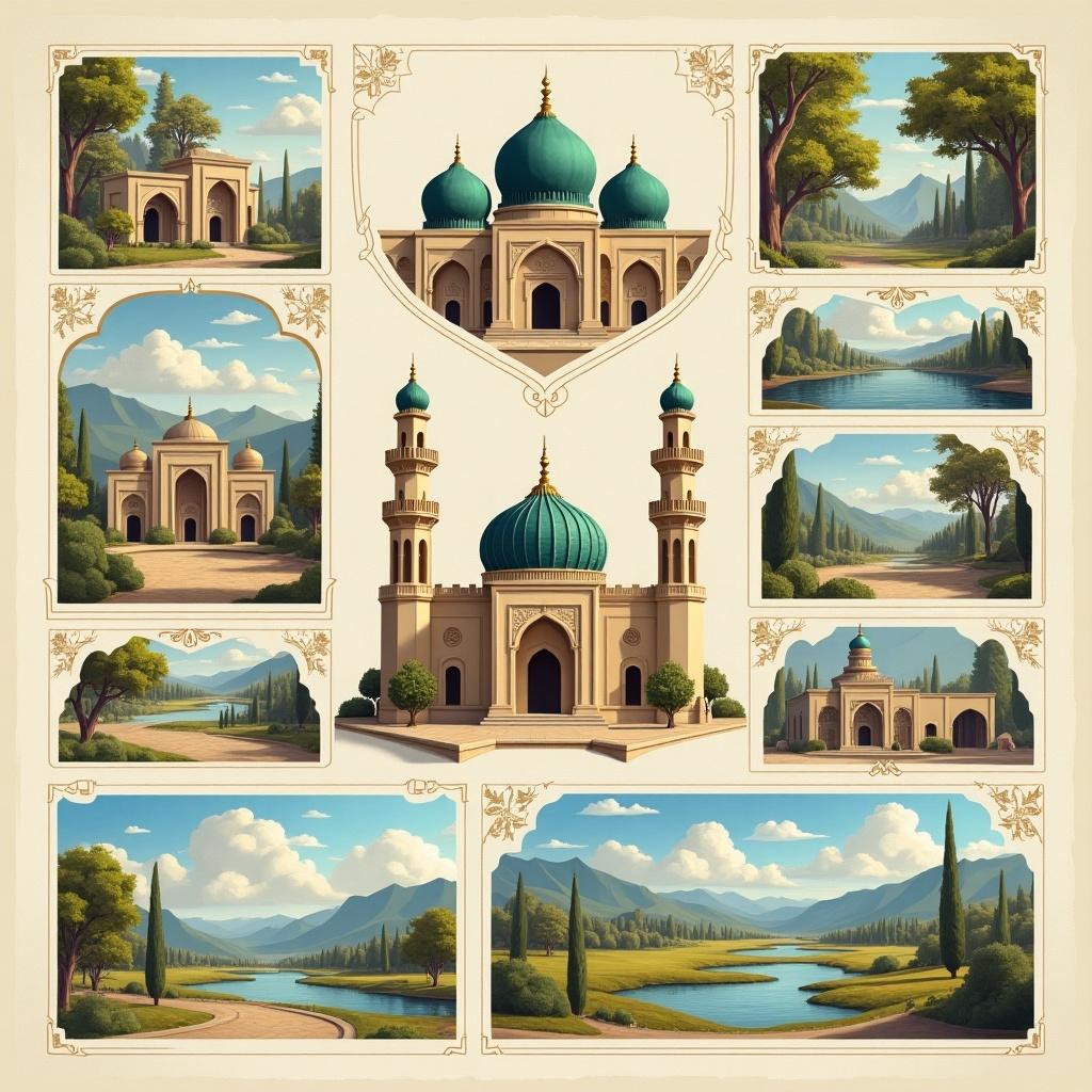 This image showcases a stunning collection of Islamic architecture, including beautifully designed mosques and serene landscapes. The primary focus is a magnificent mosque featuring turquoise domes and elegant minarets. Surrounding it are various structures that reflect traditional Islamic design elements, set against a backdrop of lush green mountains and tranquil rivers. The composition includes serene natural scenes that evoke peace and tranquility. Each piece highlights the rich cultural heritage of Islamic art and architecture, making it perfect for educational and decorative purposes.