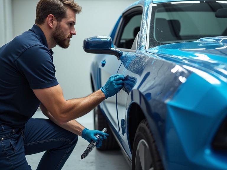 Technician applies touch-up paint on a blue car in a garage. The man wears gloves and works carefully. The car exterior shines with good detailing.