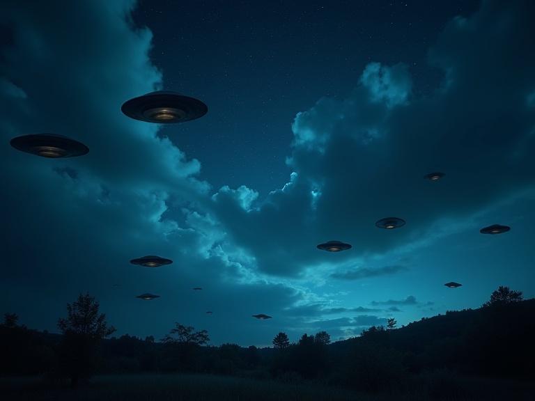 Various UFOs hover above the dark blue sky of Ochate. Clouds are faintly lit. The scene conveys an eerie silence with a blend of realistic and sci-fi elements.