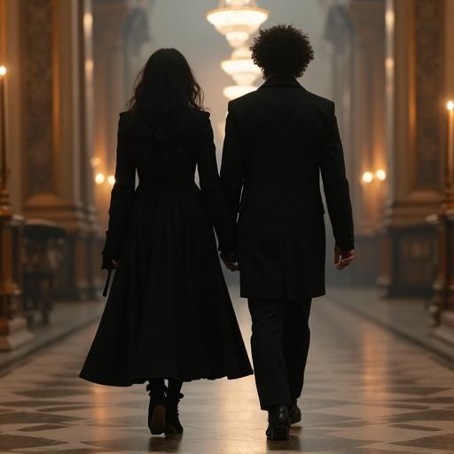 A couple walks hand in hand in a grand hall. The woman wears a fitted black dress and the man wears a long coat with curly hair. They hold a candle. The hall is empty and beautifully lit.